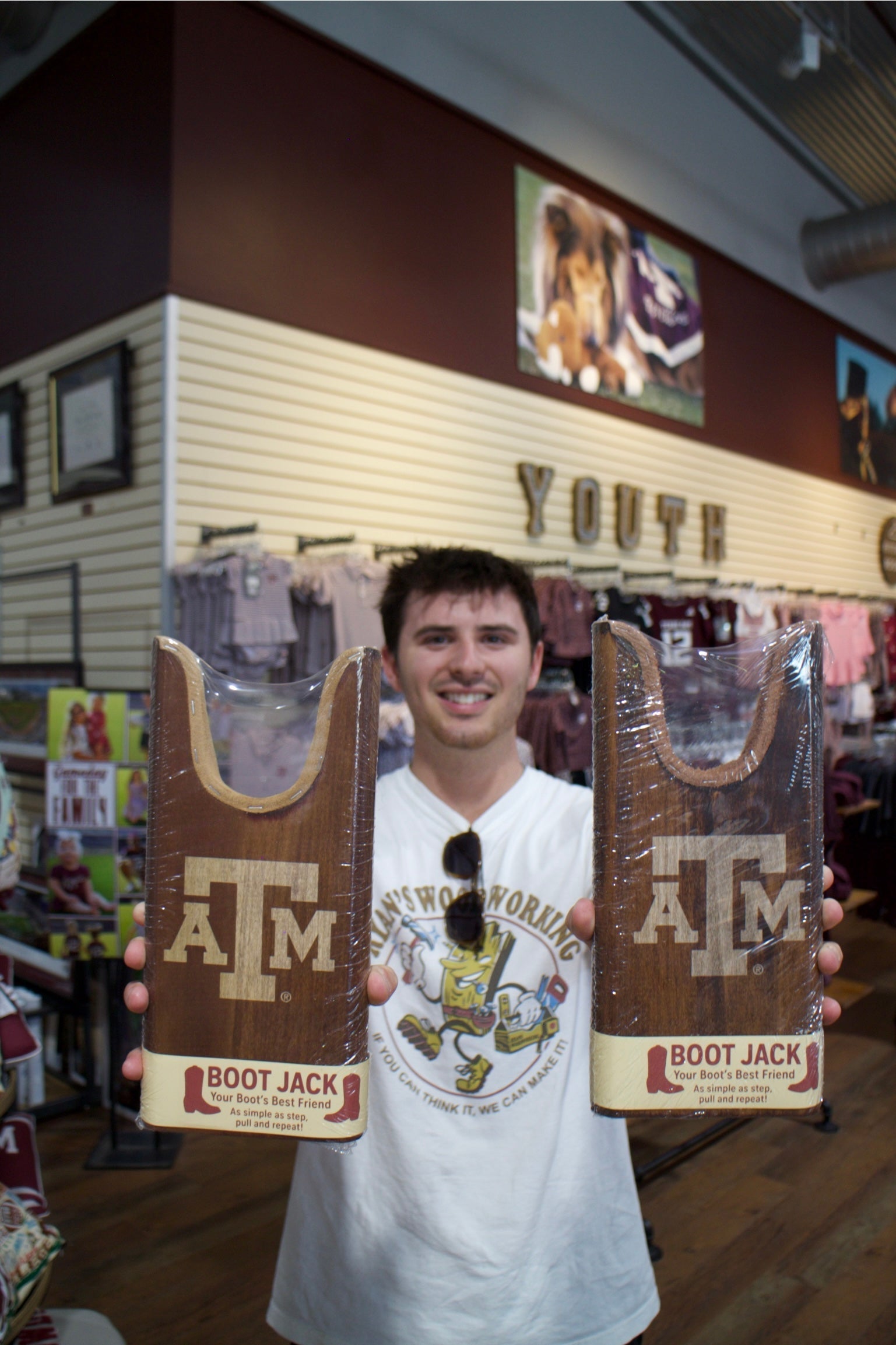 Texas A&M Boot Jack boot pulls by Ryan's Woodworking, brown wood-grain finish, pair on Tampa Home & Garden Store