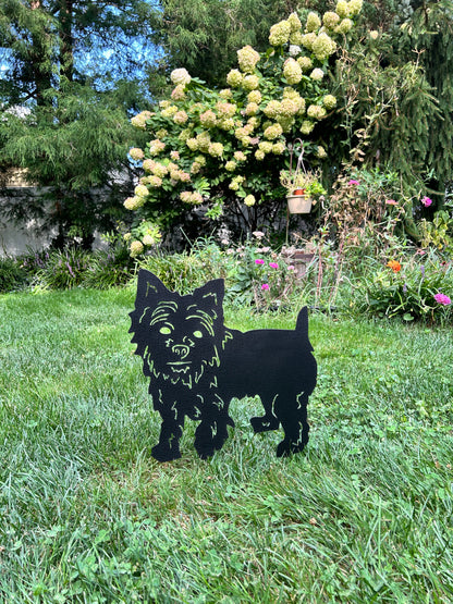 Yorkie dog garden statue silhouette in black metal, Rustica Ornamentals garden sculpture on Tampa Home & Garden Store