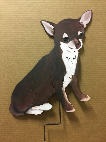 Chihuahua garden stake wall hanging in brown with white chest, metal stake visible, Style 3 on Tampa Home & Garden Store