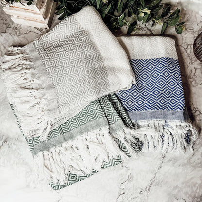 Haley Diamond Towel 200GSM Gia Roma beach towels set of 4 in cream blue green geometric patterns on Tampa Home & Garden Store