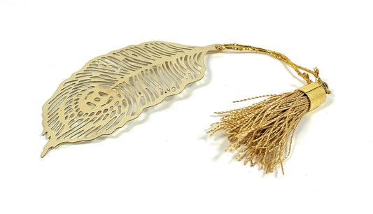 Gold finish feather bookmark with tassel, intricate cutout leaf design, set of 6 by Vibhsa on Tampa Home & Garden Store