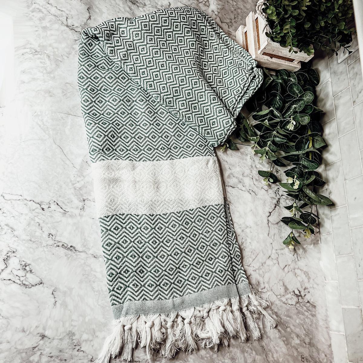 Haley Diamond Towel 200GSM teal geometric diamonds fringed ends Gia Roma beach towel on Tampa Home & Garden Store