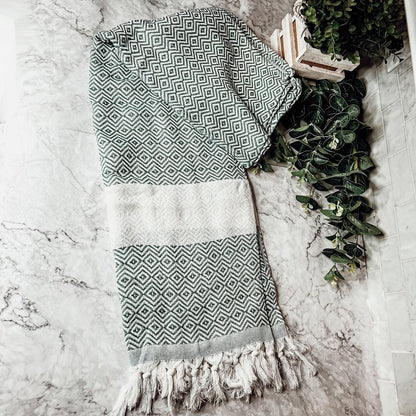 Haley Diamond Towel 200GSM teal geometric diamonds fringed ends Gia Roma beach towel on Tampa Home & Garden Store