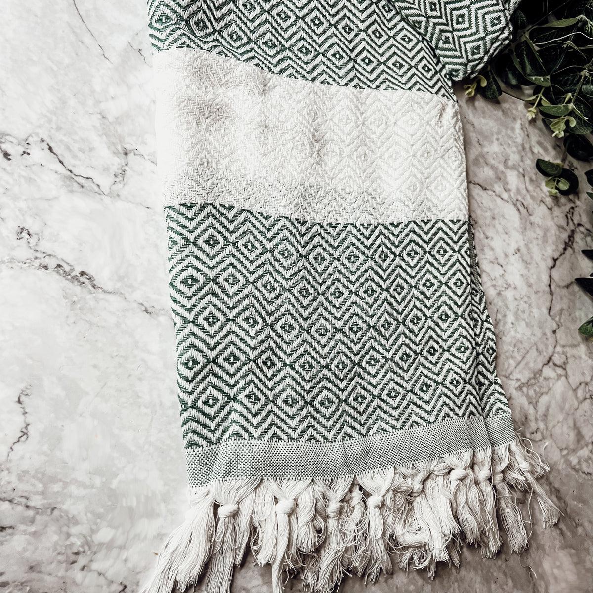 Haley Diamond Towel 200GSM, Gia Roma beach towel with green diamond pattern and tassels on Tampa Home & Garden Store