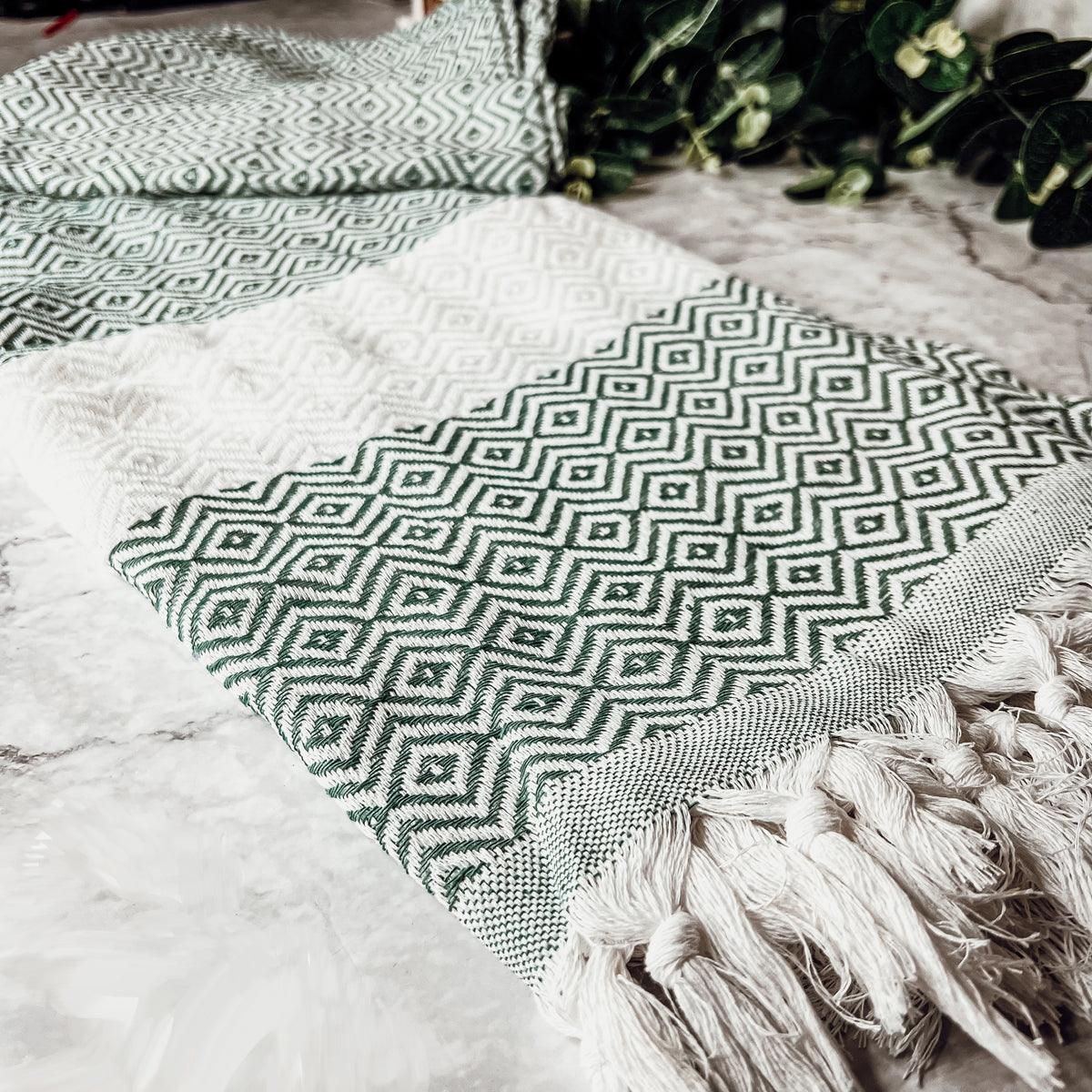 Haley Diamond Towel 200GSM green diamond pattern beach towel Gia Roma with fringed edges on Tampa Home & Garden Store