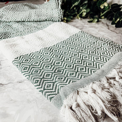 Haley Diamond Towel 200GSM green diamond pattern beach towel Gia Roma with fringed edges on Tampa Home & Garden Store