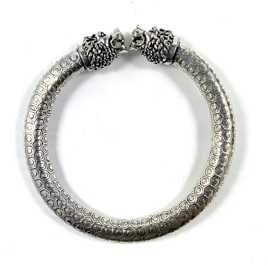 Antique Norse bracelet with hexagonal pattern band and lion head clasps, silver-toned by Vibhsa on Tampa Home & Garden Store