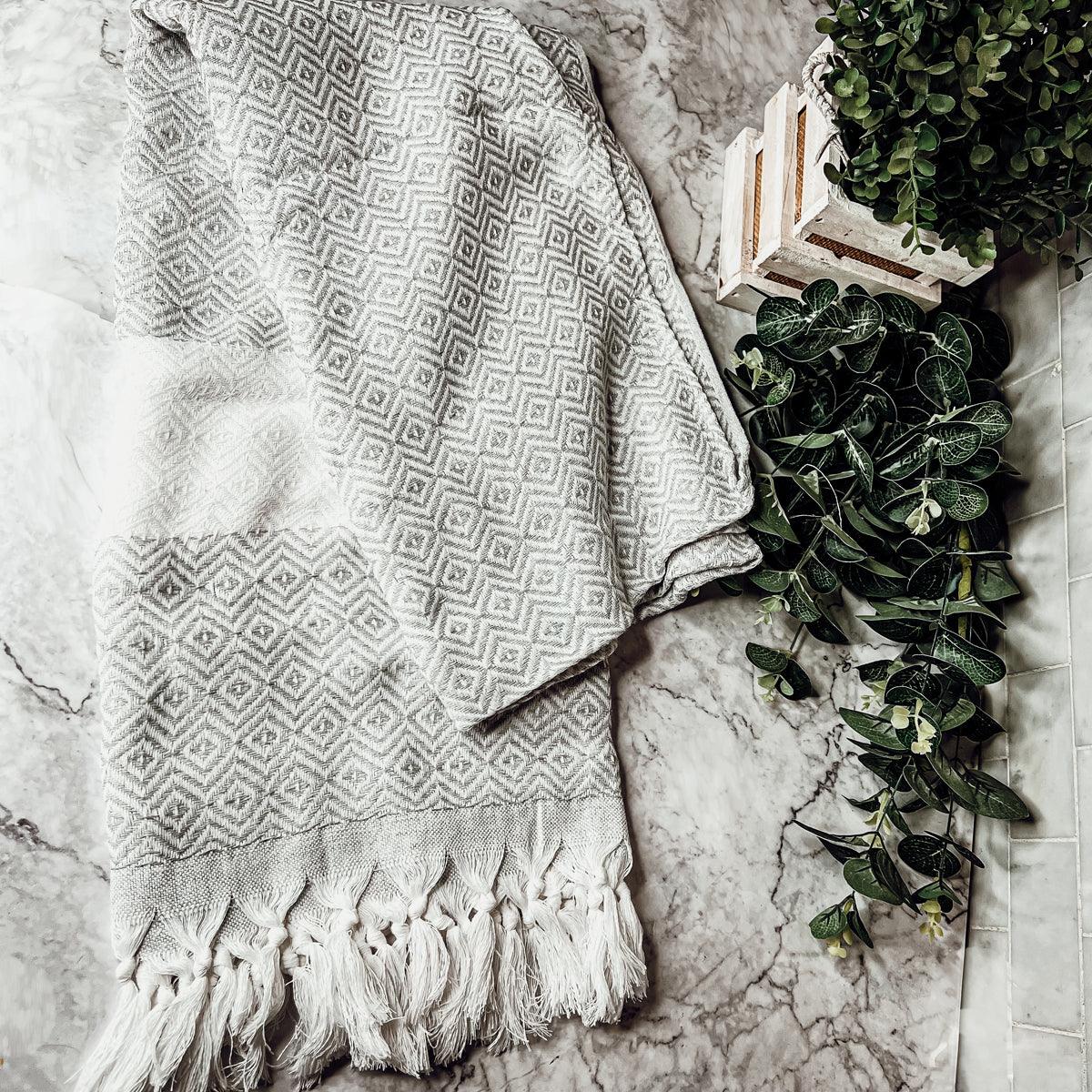 Haley Diamond Towel 200GSM Gia Roma, gray diamond pattern beach towel with fringe tassels on Tampa Home & Garden Store