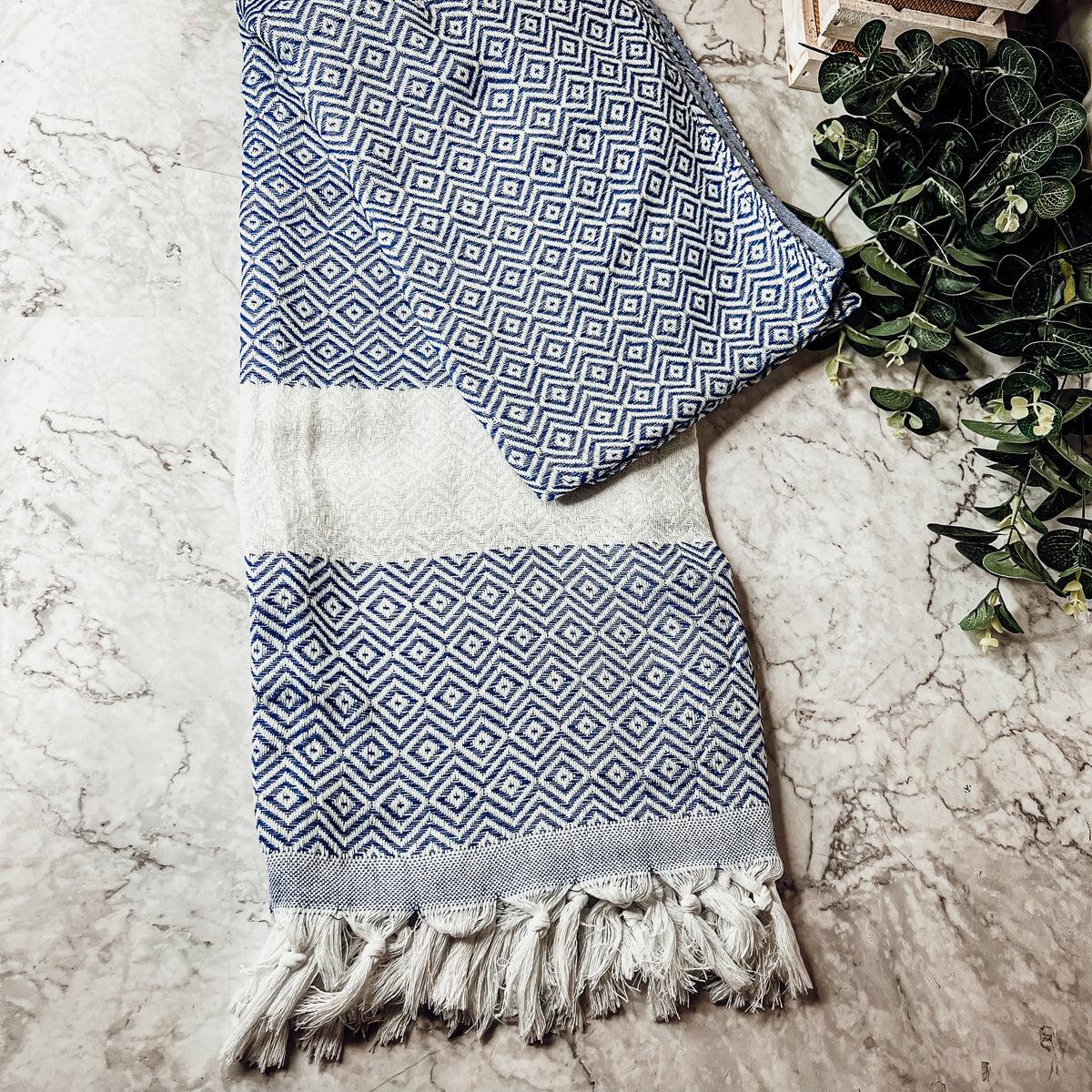 Haley Diamond Towel 200GSM by Gia Roma, blue geometric diamond beach towel with fringe tassels on Tampa Home & Garden Store