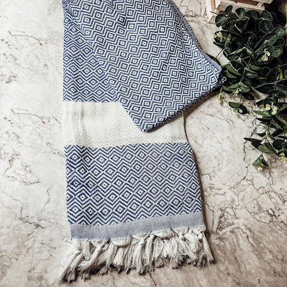 Haley Diamond Towel 200GSM by Gia Roma, blue geometric diamond beach towel with fringe tassels on Tampa Home & Garden Store