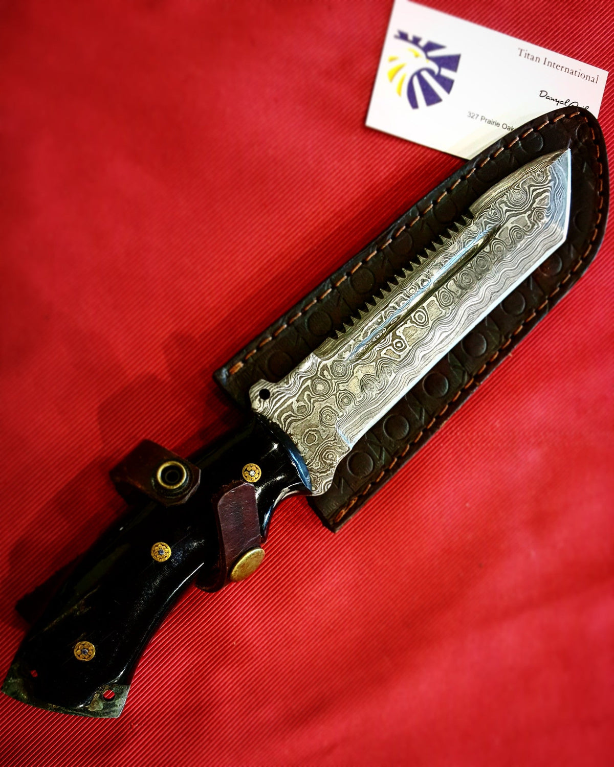 Damascus steel knife TD-039 with swirl blade, black leather sheath, Titan International K on Tampa Home & Garden Store