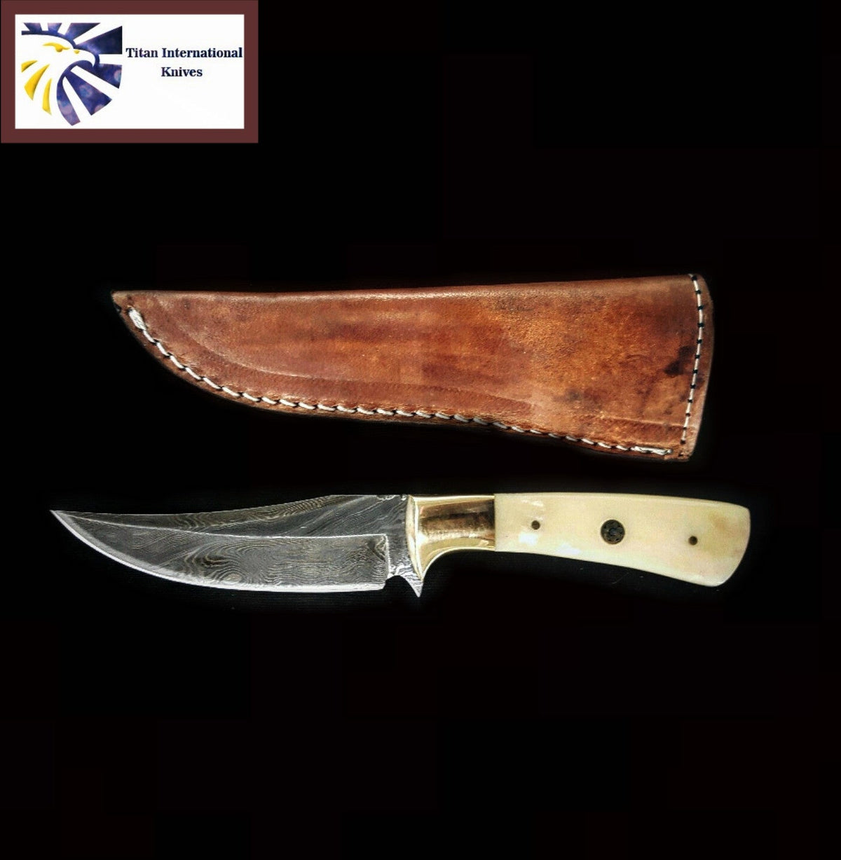 TD-100 hunting skinning knife by Titan Knives Damascus blade stag horn handle leather sheath on Tampa Home & Garden Store