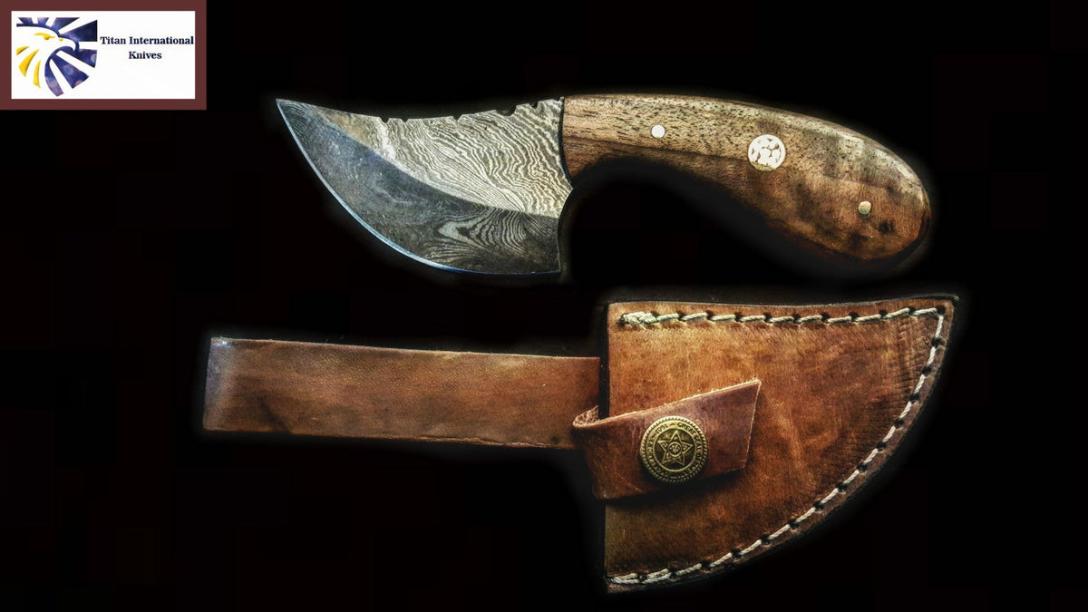 TD-090 knife from Titan International Knives with Damascus-pattern blade and brown wood handle on Tampa Home & Garden Store