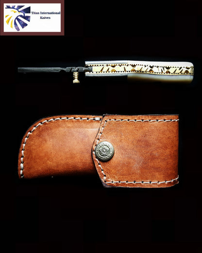 TF-007 Titan Knives pocket knife with ivory bone handle and brass inlay leather sheath on Tampa Home & Garden Store