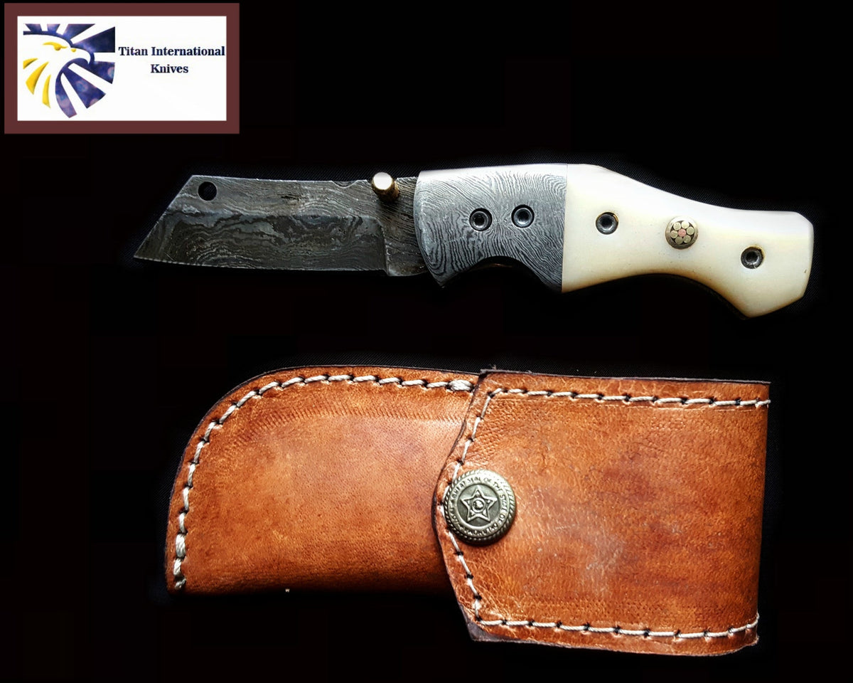 TF-007 Titan International Knives folding knife with Damascus blade and ivory handle on Tampa Home & Garden Store