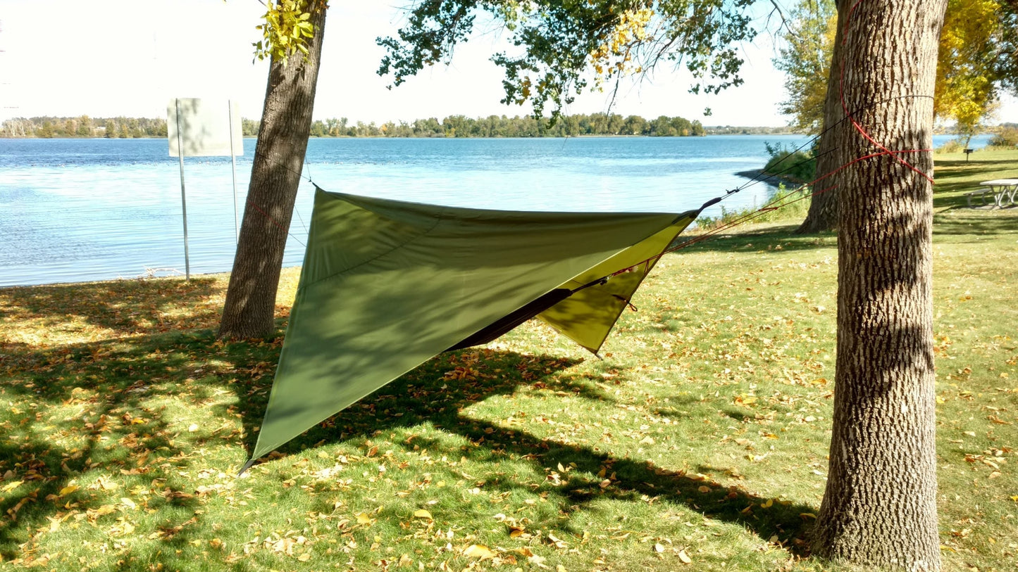 Hammock rain fly olive green by River Country Gear, treeside hammock setup by a lake on Tampa Home & Garden Store