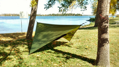 Hammock rain fly olive green by River Country Gear, treeside hammock setup by a lake on Tampa Home & Garden Store