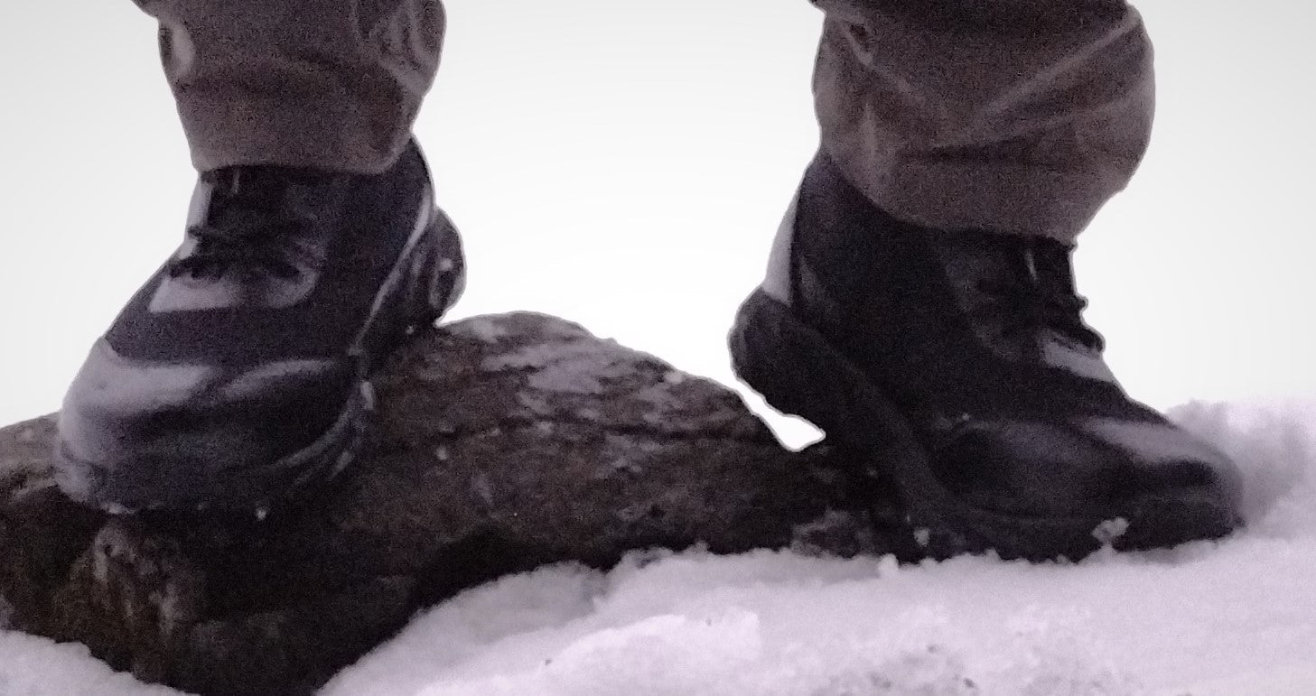 PCT 6 Boot pair, black River Country Gear hiking boots, leather upper on rock in snow on Tampa Home & Garden Store