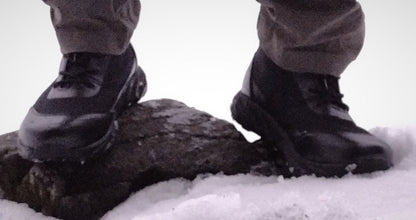 PCT 6 Boot pair, black River Country Gear hiking boots, leather upper on rock in snow on Tampa Home & Garden Store