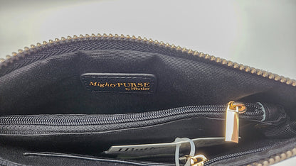 MightyPURSE black genuine leather interior label by HButler with gold zipper pull on Tampa Home & Garden Store