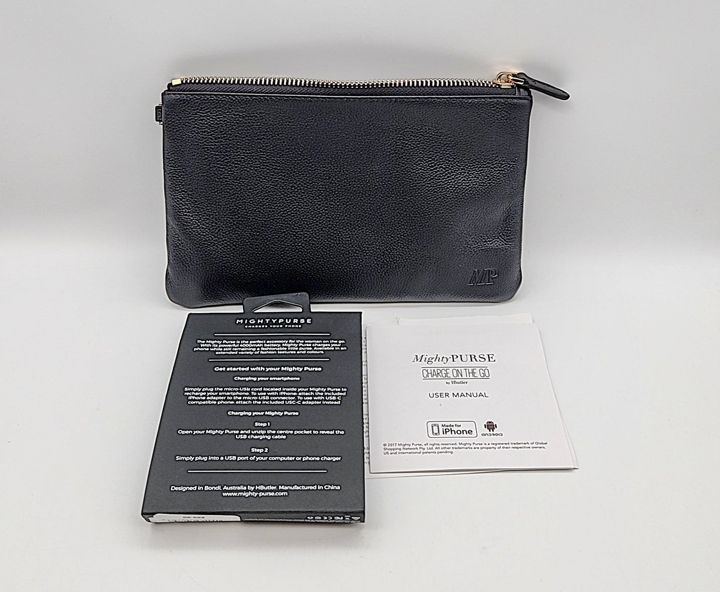 Mighty Purse black genuine leather phone charger purse with gold zipper 4000mAh by HButler on Tampa Home & Garden Store