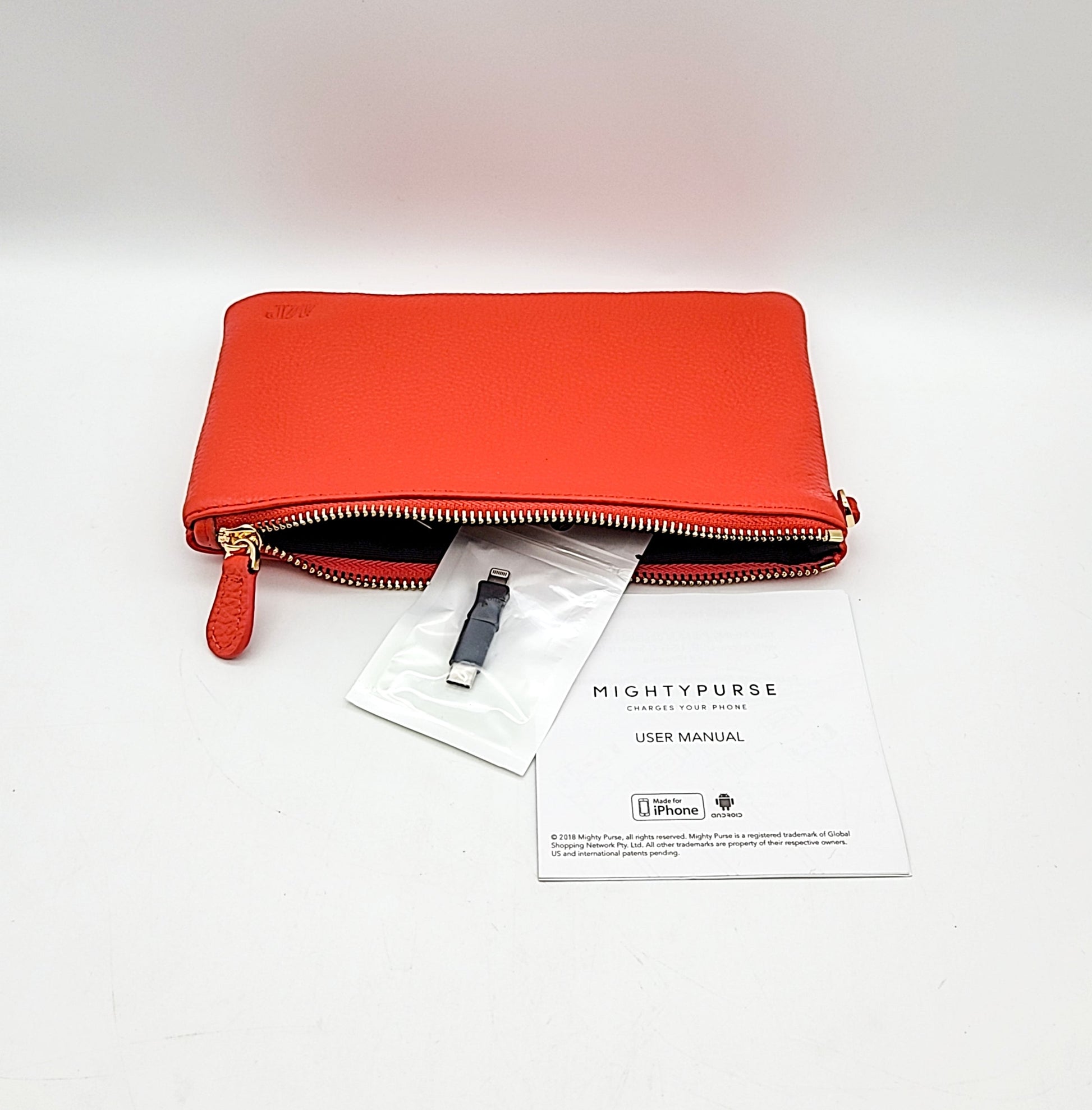 Mighty Purse red genuine leather 4000mAh phone charger purse with zipper, includes USB cable and manual on Tampa Home & Garden Store