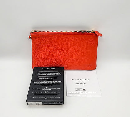 Mighty Purse genuine leather orange 4000mAh phone charger purse with gold zipper and manuals on Tampa Home & Garden Store