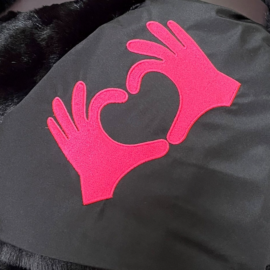 Pink Heart Hands on Black Outdoor Blanket with bright pink hand motif on Tampa Home & Garden Store