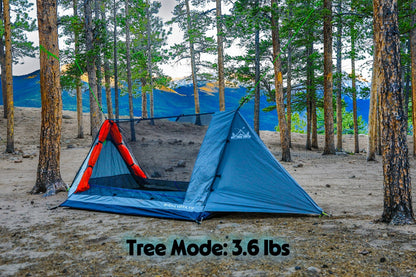 Sky View Duo Tent by Sky View Tents, blue-gray body with orange accents, two tents visible on Tampa Home & Garden Store