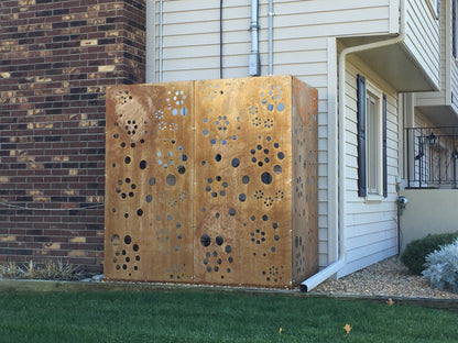 2-panel rusted metal privacy screen with circular perforations by Rustica Ornamentals on Tampa Home & Garden Store