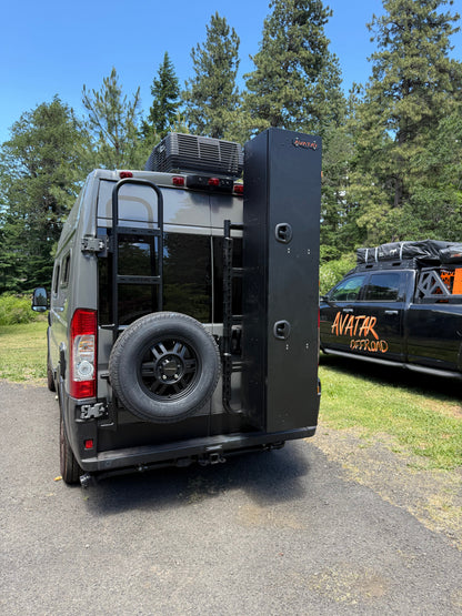 Avatar Van Rear Ladder Tire Carrier mount in black steel with tall rear rack and spare tire on Tampa Home & Garden Store
