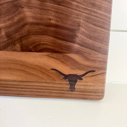 Texas Longhorns walnut maple cutting board with longhorn motif by Ryan's Woodworking on Tampa Home & Garden Store