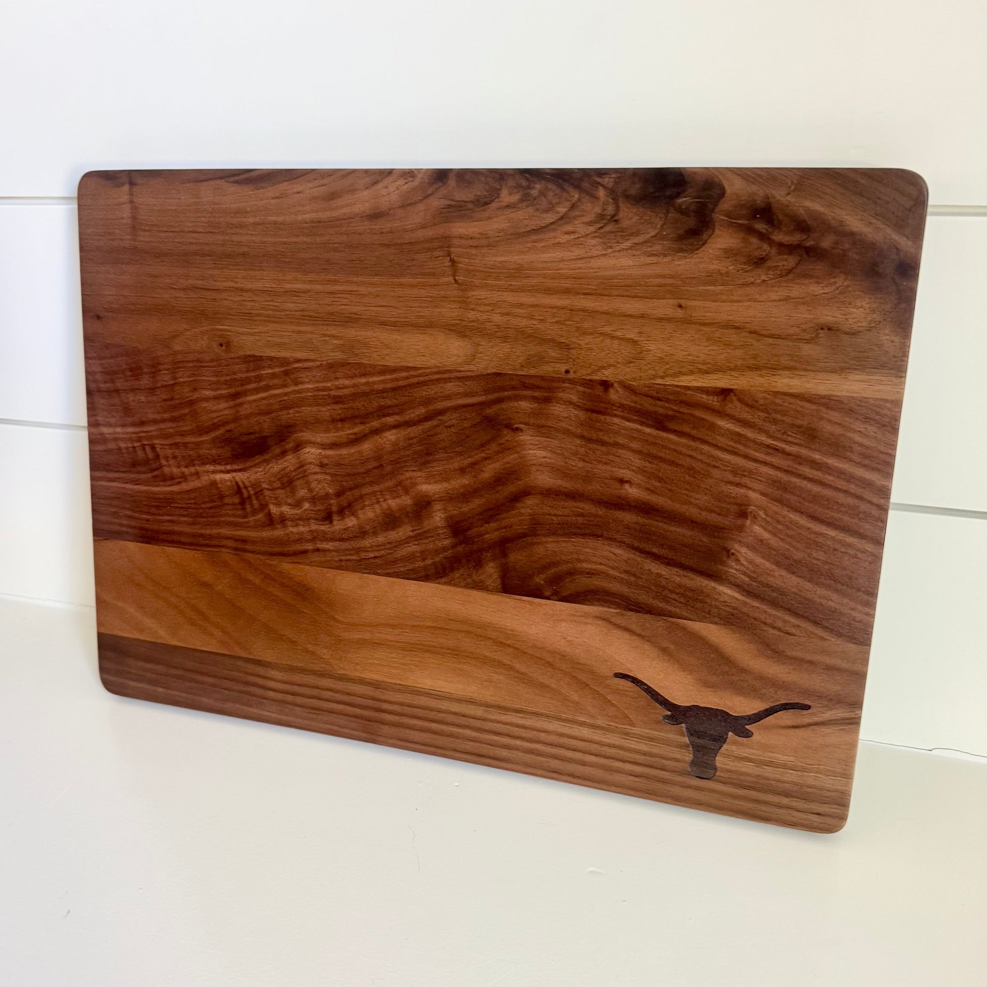 Texas Longhorns walnut cutting board with rich grain and rounded corners longhorn silhouette on Tampa Home & Garden Store
