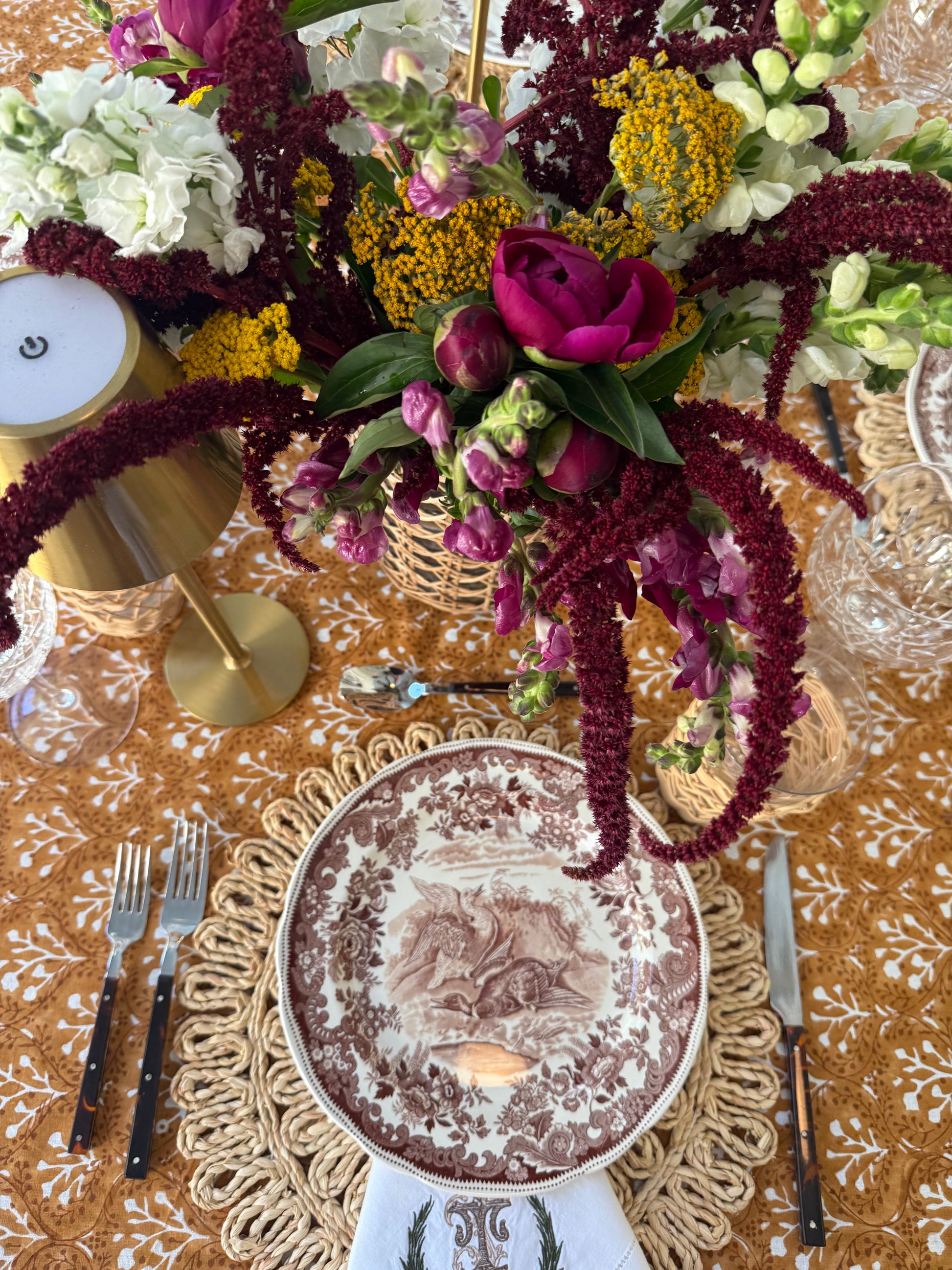 Laurel Tablecloth in Goldenrod by Erin Donahue Tice, with burgundy amaranthus on Tampa Home & Garden Store