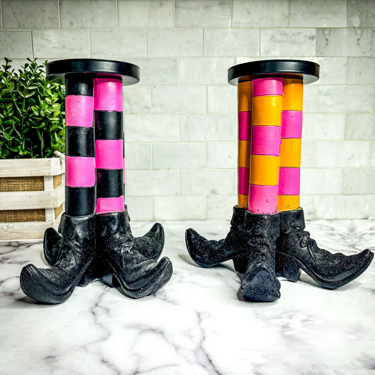 Wicked Witch Candle Holder pair Gia Roma pink/black and pink/orange blocks on witchboot bases on Tampa Home & Garden Store