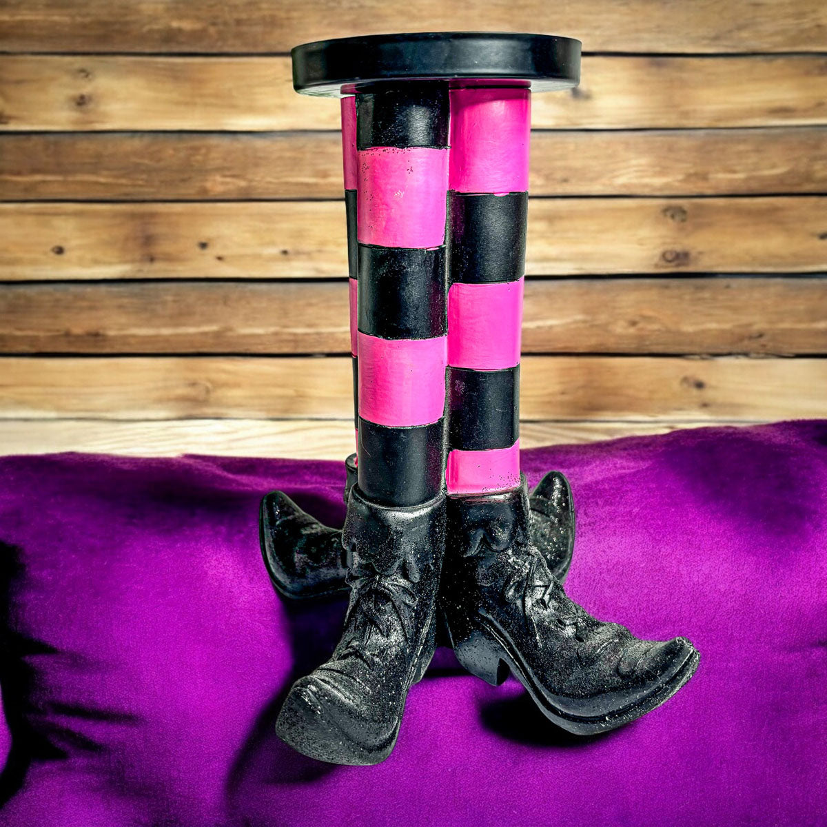 Wicked Witch Candle Holder Halloween sign with pink and black column and boots by Gia Roma on Tampa Home & Garden Store