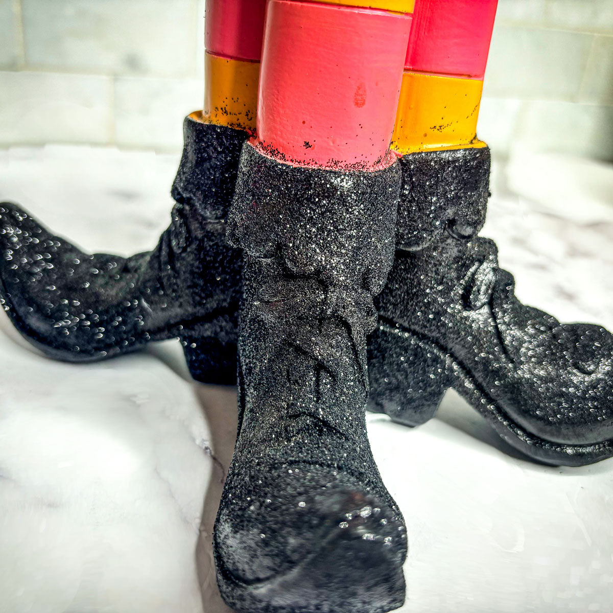 Wicked Witch Candle Holder Gia Roma, black glitter witch boot base for Halloween sign decor on Tampa Home & Garden Store