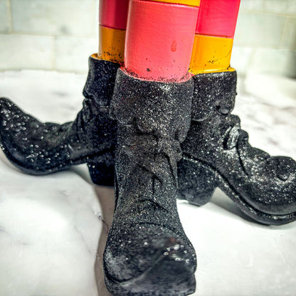 Wicked Witch Candle Holder Gia Roma, black glitter witch boot base for Halloween sign decor on Tampa Home & Garden Store