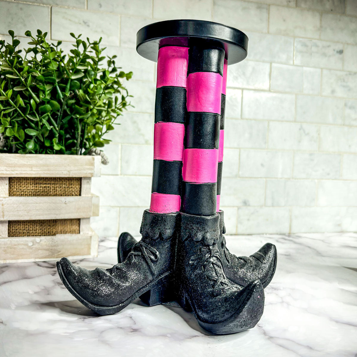 Wicked Witch Candle Holder - striped pink and black stockings, black boots, Gia Roma on Tampa Home & Garden Store