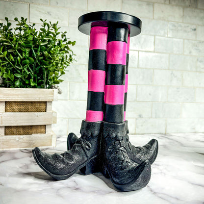 Wicked Witch Candle Holder - striped pink and black stockings, black boots, Gia Roma on Tampa Home & Garden Store
