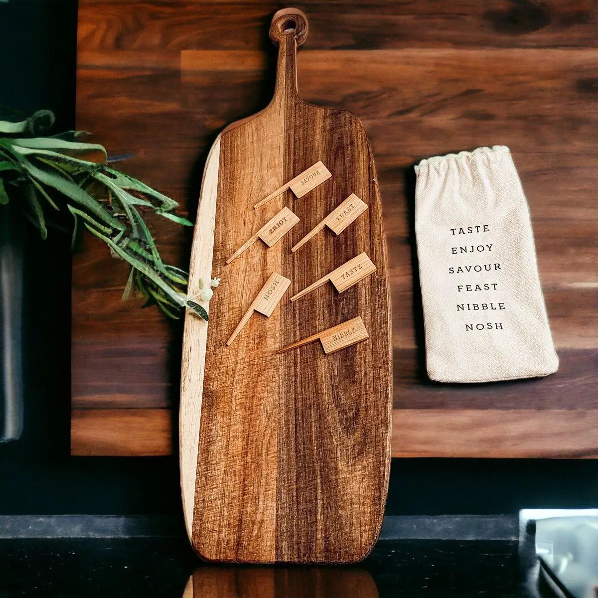 Acacia Wood Serving Board and Bamboo Markers
