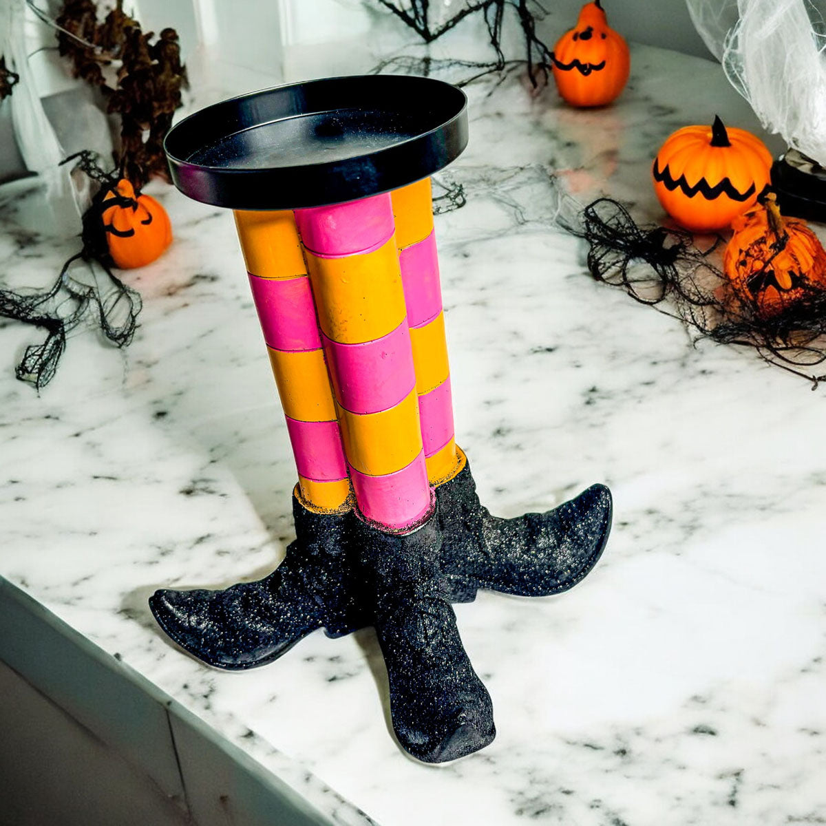 Wicked Witch Candle Holder Halloween Sign Gia Roma, striped legs with black glitter base on Tampa Home & Garden Store