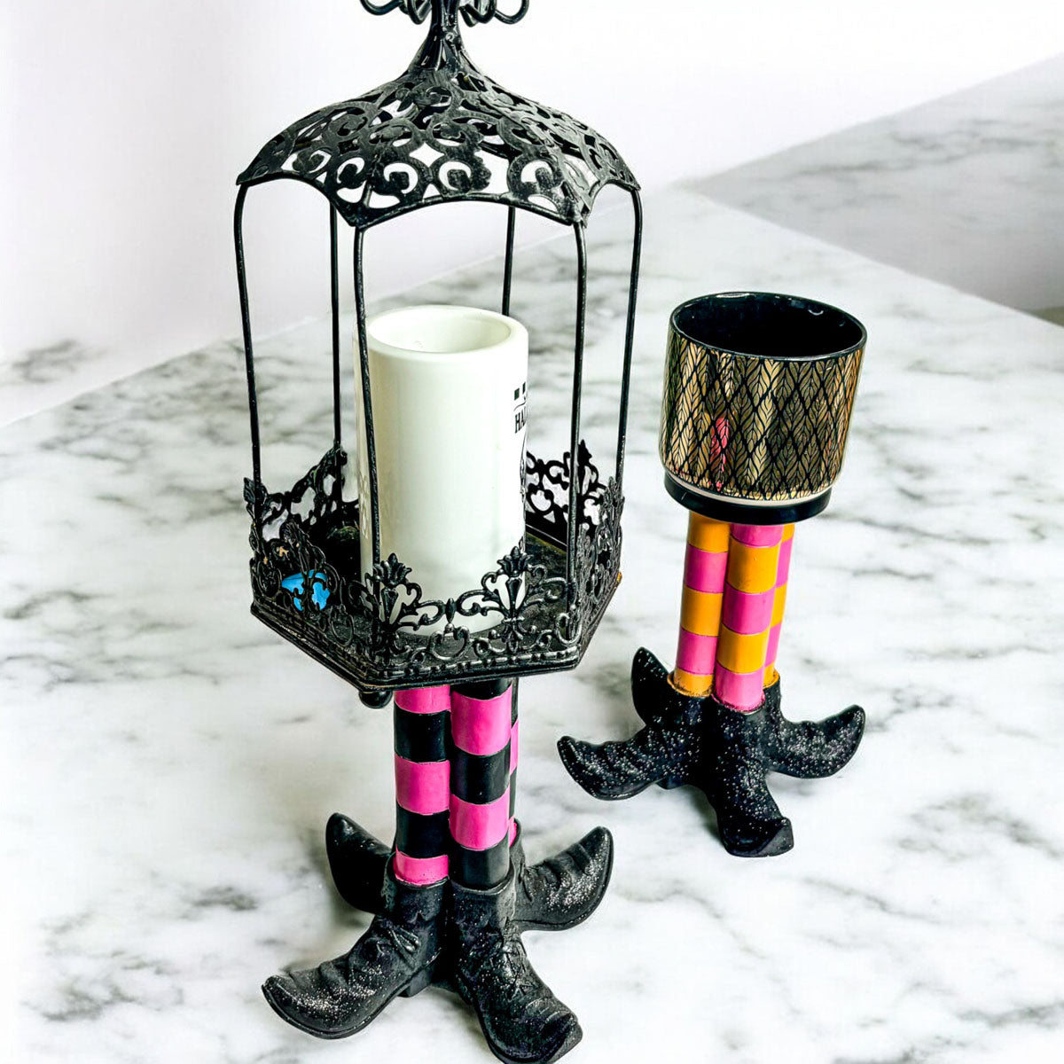 Wicked Witch Candle Holder set of 2 with striped legs and black boots Gia Roma on Tampa Home & Garden Store