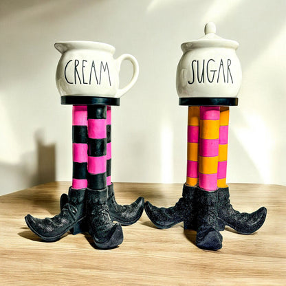 Wicked Witch Candle Holder pair with striped legs and cream and sugar pots by Gia Roma on Tampa Home & Garden Store