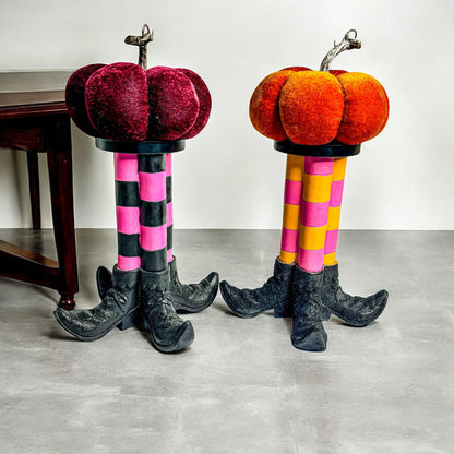 Gia Roma Wicked Witch Candle Holder: pumpkin witch-leg statues with striped legs and black boots on Tampa Home & Garden Store