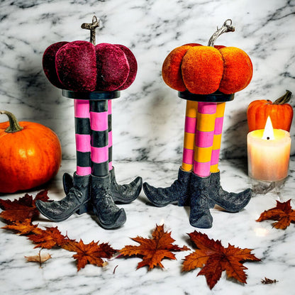 Gia Roma Wicked Witch Candle Holder pair; pink/black striped legs with velvet pumpkins on top on Tampa Home & Garden Store
