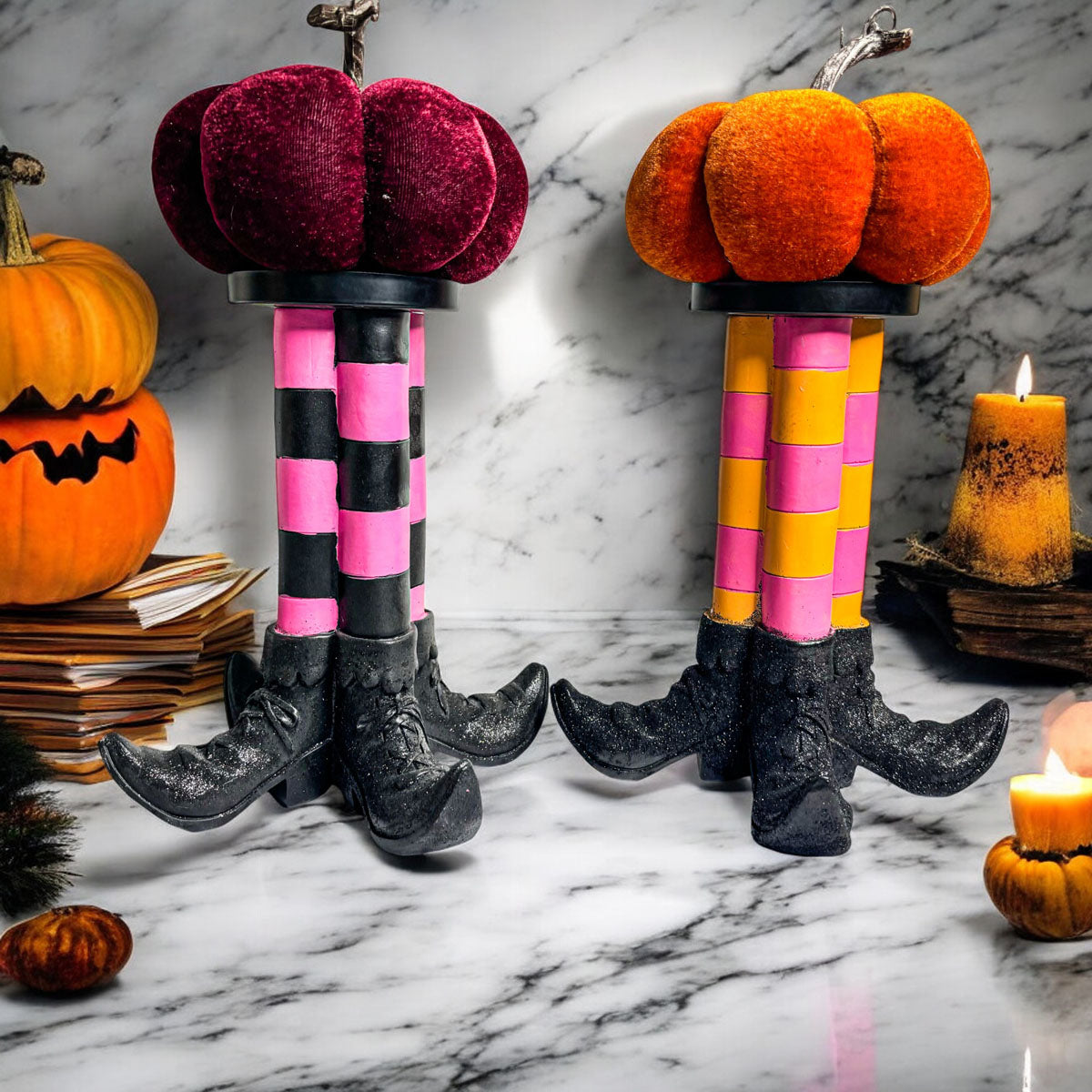 Wicked Witch Candle Holders with velvet pumpkin top and pink/black striped stockings Gia Roma on Tampa Home & Garden Store