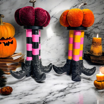 Wicked Witch Candle Holders with velvet pumpkin top and pink/black striped stockings Gia Roma on Tampa Home & Garden Store