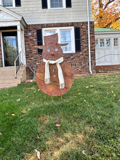 Large Outdoor Snowman rusted metal sculpture with white scarf by Rustica Ornamentals on Tampa Home & Garden Store