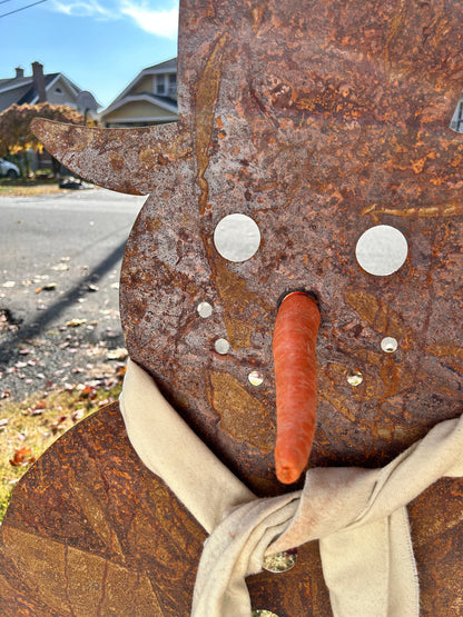 Rustica Ornamentals Large Outdoor Snowman metal silhouette with rust patina and beige scarf on Tampa Home & Garden Store